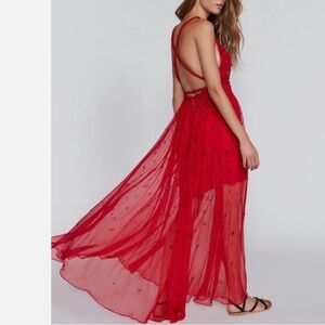 Free People Sienna Red Chiffon Silky Beaded Maxi Evening Dress NWOT size 8